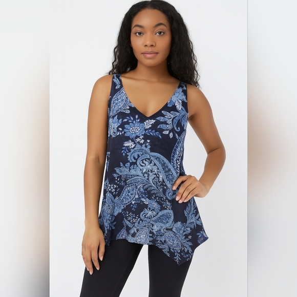 LANE Bryant V-Neck, blue floral paisley Sleeveless,Chiffon Layered tunic size 16 - Picture 1 of 3
